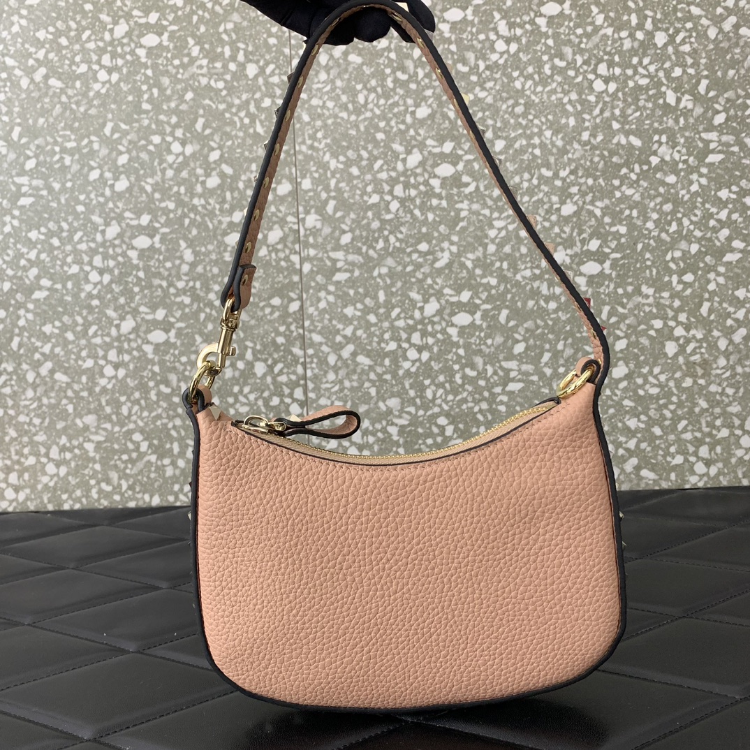 Valentino Garavani Rockstud Mini Hobo Bag in Nude Pink Grainy Calfskin